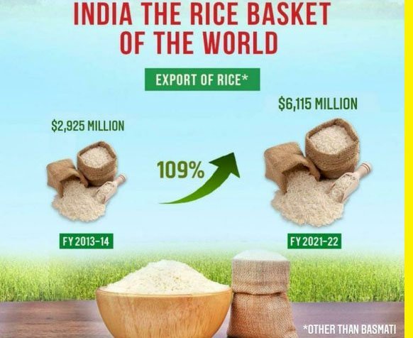 भारत से विदेशों में चावल के निर्यात में 109 प्रतिशत रिकॉर्ड, 6115 मिलियन डॉलर तक जा पहुंचा निर्यात